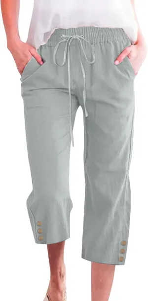 Capris Pants for Women High Waist Drawstring Comfy Casual Pants Lightweight Loose Trousers ButtonsTrim with Pocket