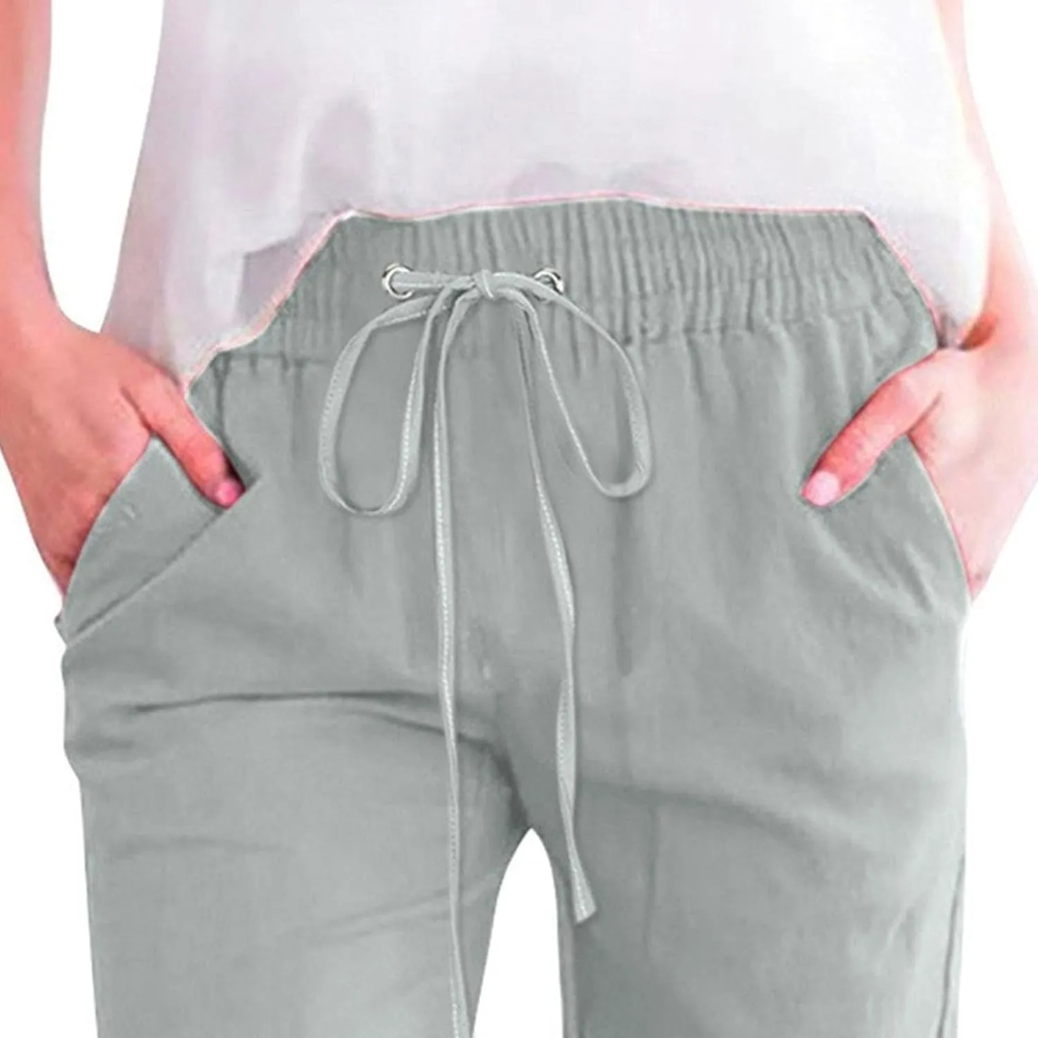 Capris Pants for Women High Waist Drawstring Comfy Casual Pants Lightweight Loose Trousers ButtonsTrim with Pocket