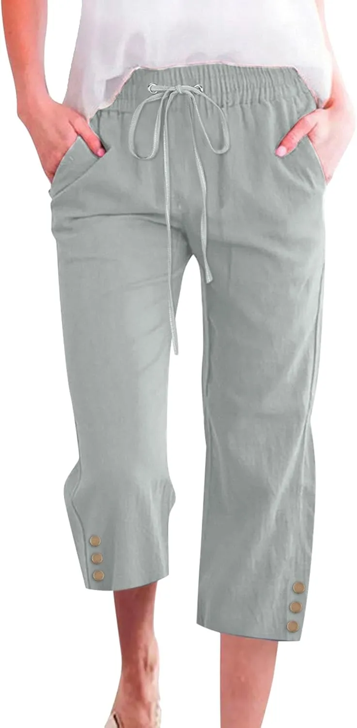 Capris Pants for Women High Waist Drawstring Comfy Casual Pants Lightweight Loose Trousers ButtonsTrim with Pocket