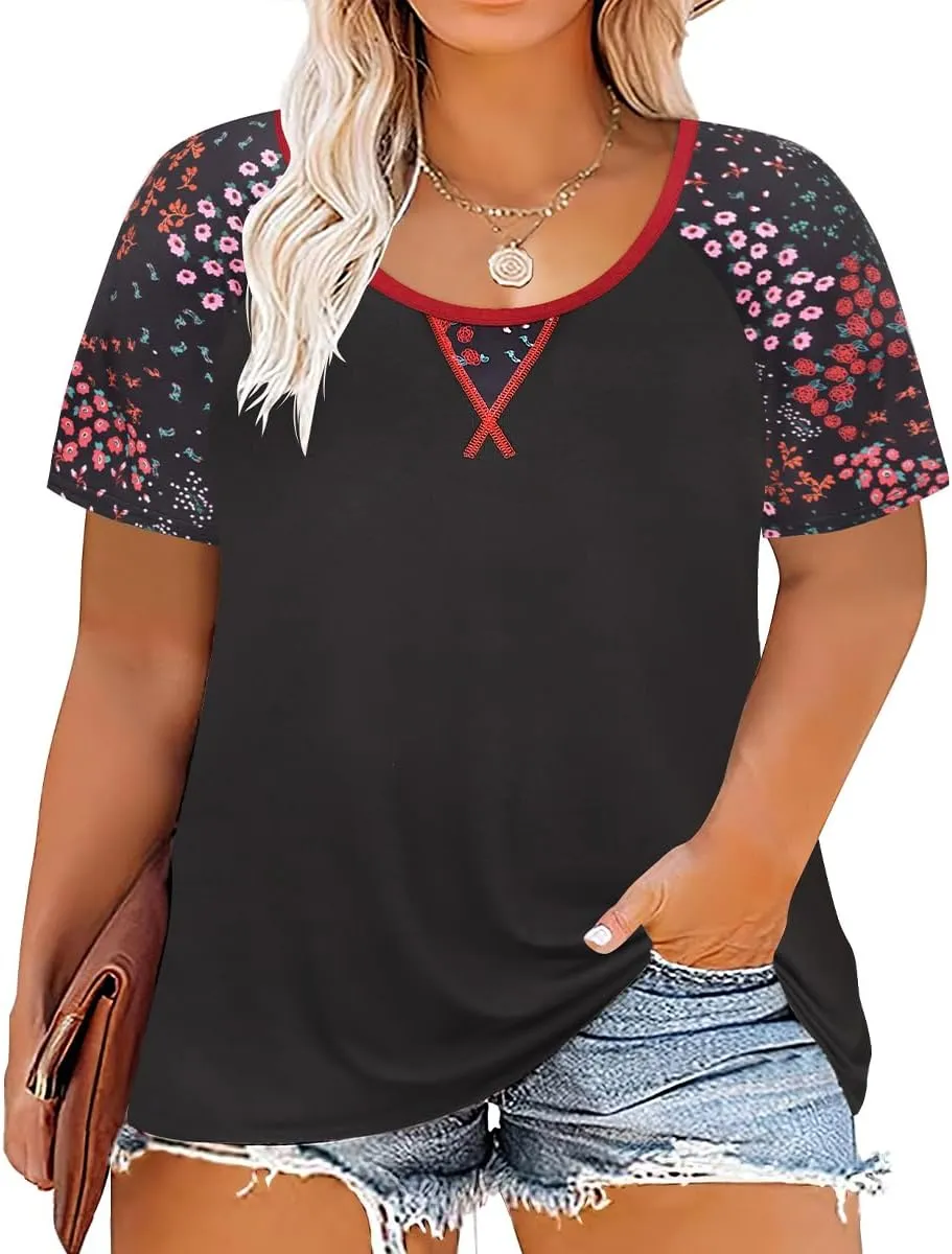 CARCOS Plus Size Tops for Women Short Sleeve Shirt Summer Star/Leopard/Tie Dye/Flower Crewneck Pullover Tunic XL-5XL