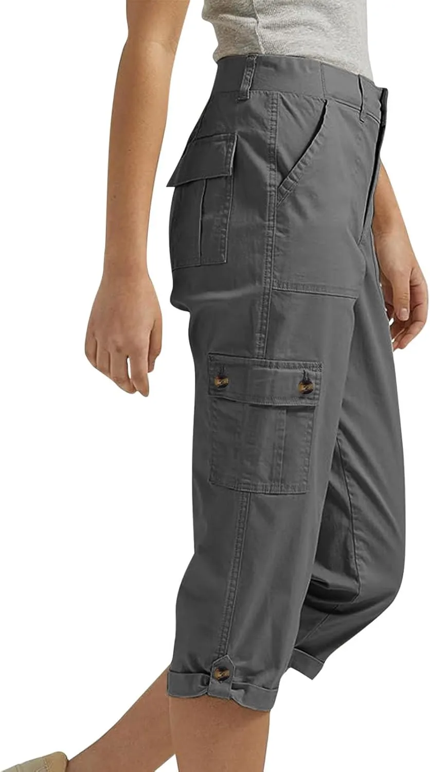 Cargo Capri Pants Women High Waisted Elastic Capris Trousers Cropped Pants with Pockets Casual Work Clothes