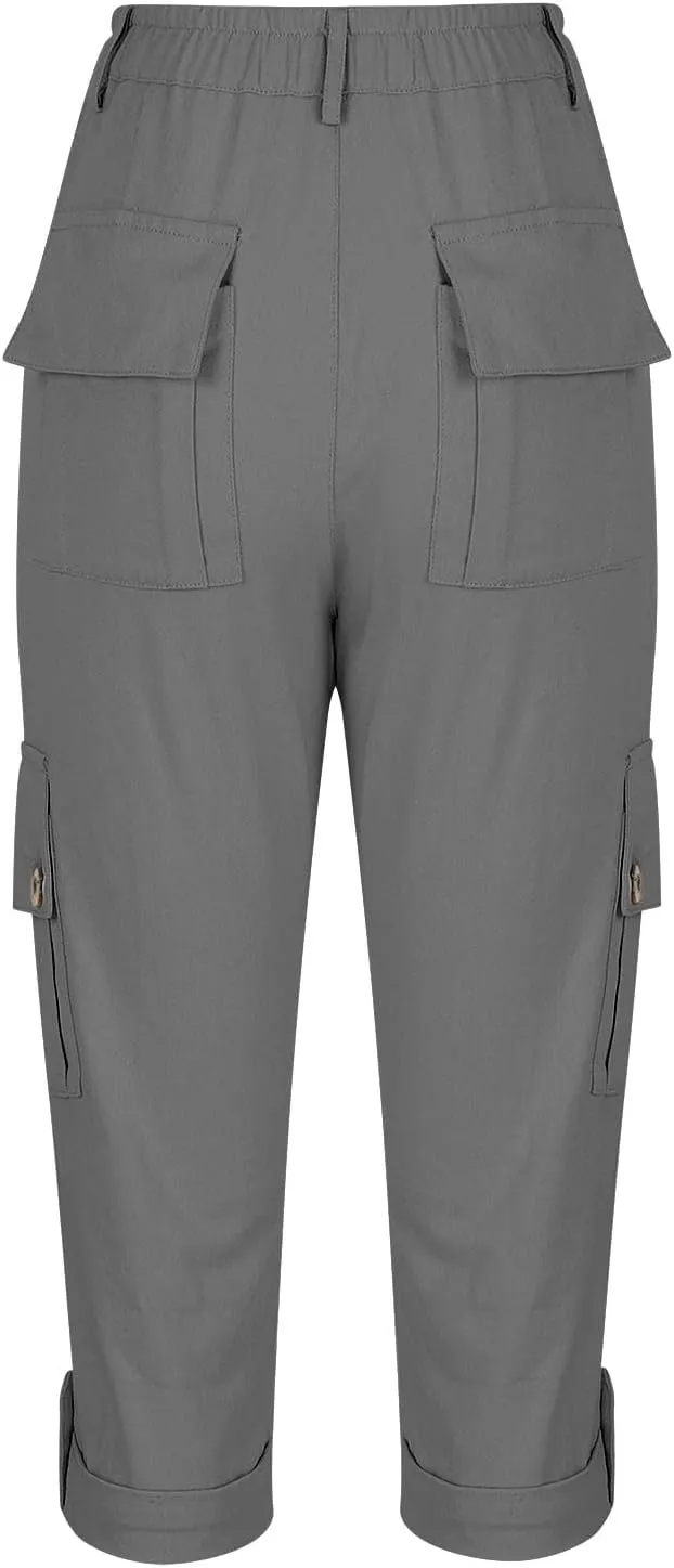 Cargo Capri Pants Women High Waisted Elastic Capris Trousers Cropped Pants with Pockets Casual Work Clothes