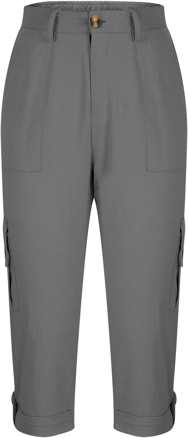 Cargo Capri Pants Women High Waisted Elastic Capris Trousers Cropped Pants with Pockets Casual Work Clothes