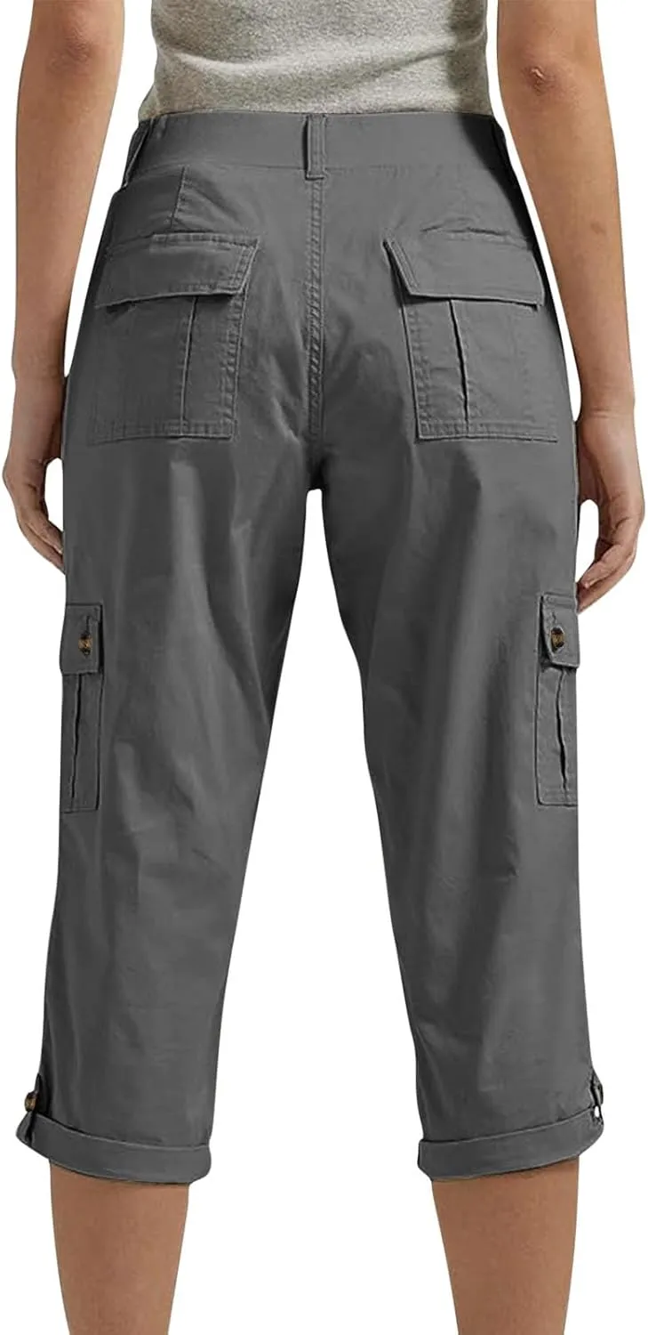 Cargo Capri Pants Women High Waisted Elastic Capris Trousers Cropped Pants with Pockets Casual Work Clothes