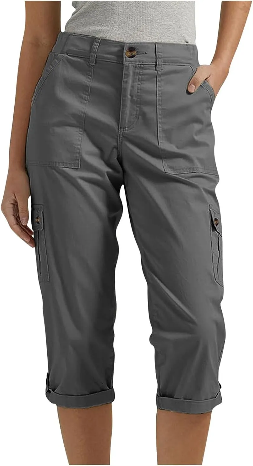 Cargo Capri Pants Women High Waisted Elastic Capris Trousers Cropped Pants with Pockets Casual Work Clothes