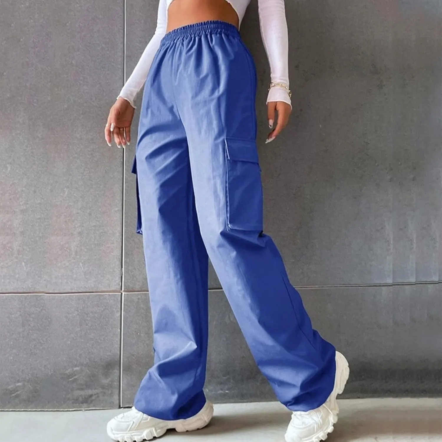 Cargo Pants for Women Elastic High Waist Casual Hiking Pants Wide Leg Baggy Stretchy Y2K Work Trousers with Pockets