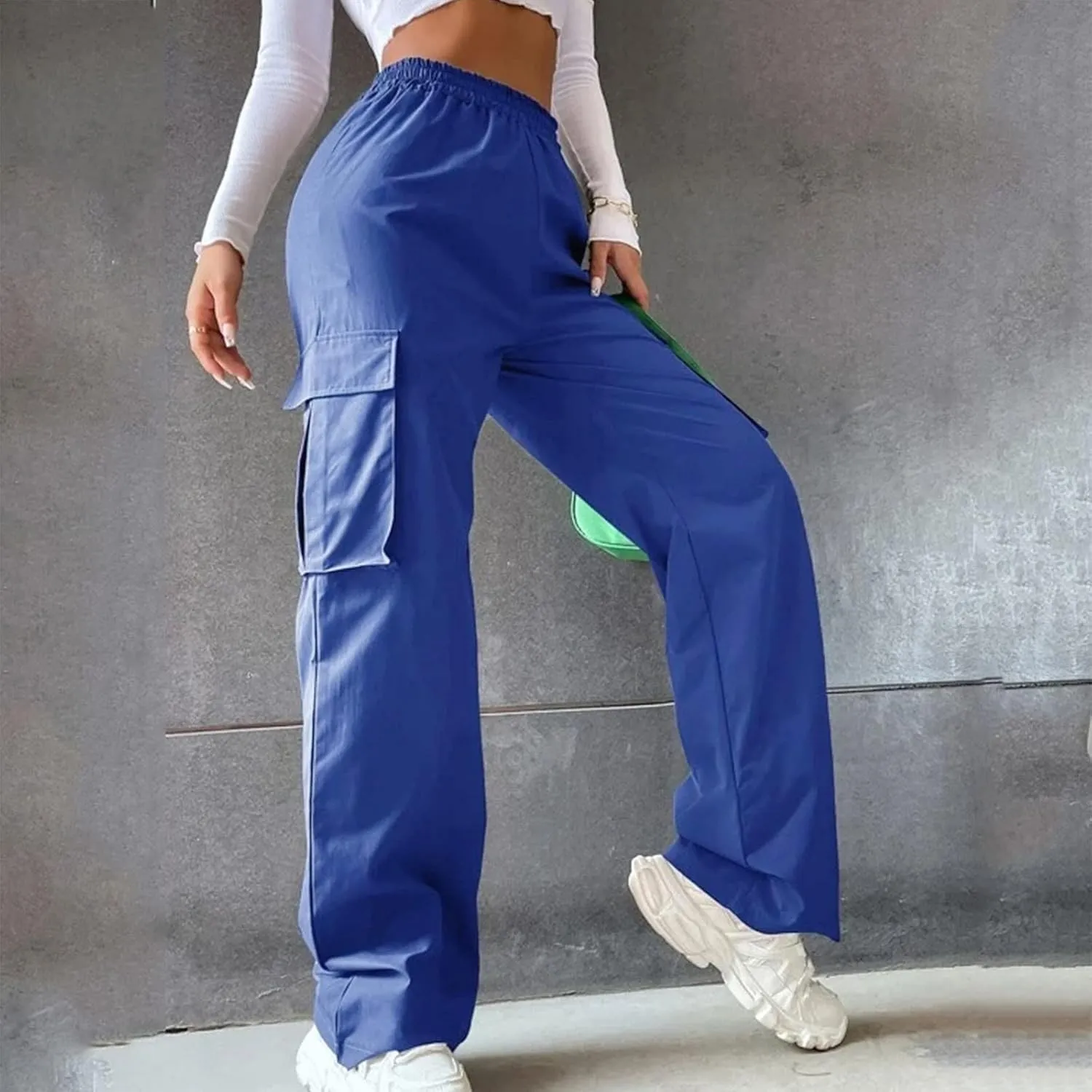 Cargo Pants for Women Elastic High Waist Casual Hiking Pants Wide Leg Baggy Stretchy Y2K Work Trousers with Pockets