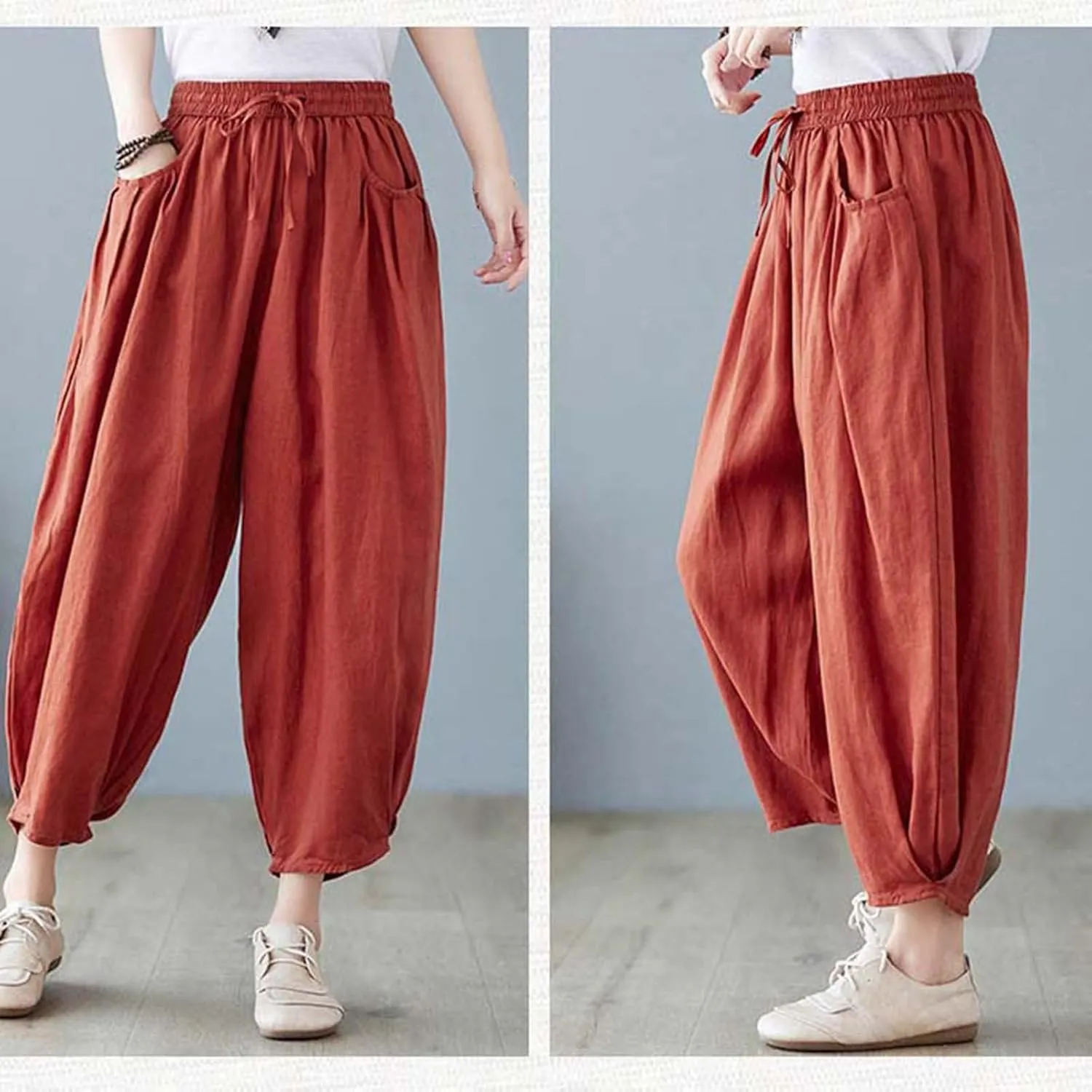 Ceboyel Womens Cotton Linen Harem Pants Drawstring Elastic Waist Summer Trouser Casual Baggy Pants Boho Beach Clothes 2023