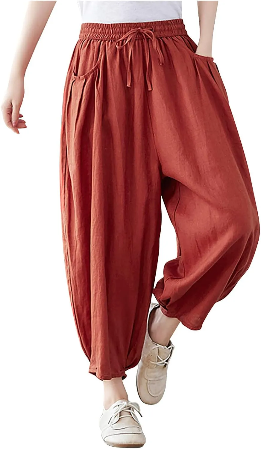 Ceboyel Womens Cotton Linen Harem Pants Drawstring Elastic Waist Summer Trouser Casual Baggy Pants Boho Beach Clothes 2023