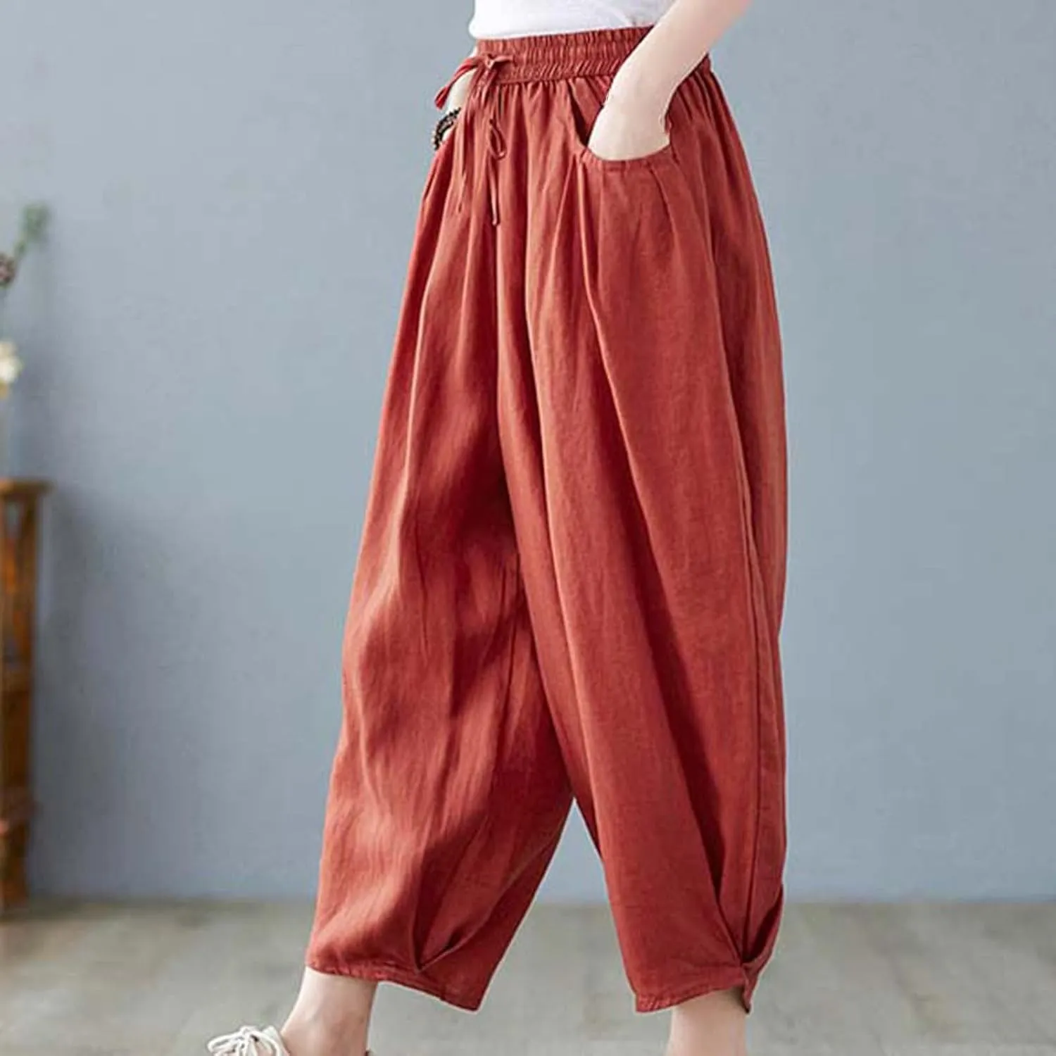 Ceboyel Womens Cotton Linen Harem Pants Drawstring Elastic Waist Summer Trouser Casual Baggy Pants Boho Beach Clothes 2023