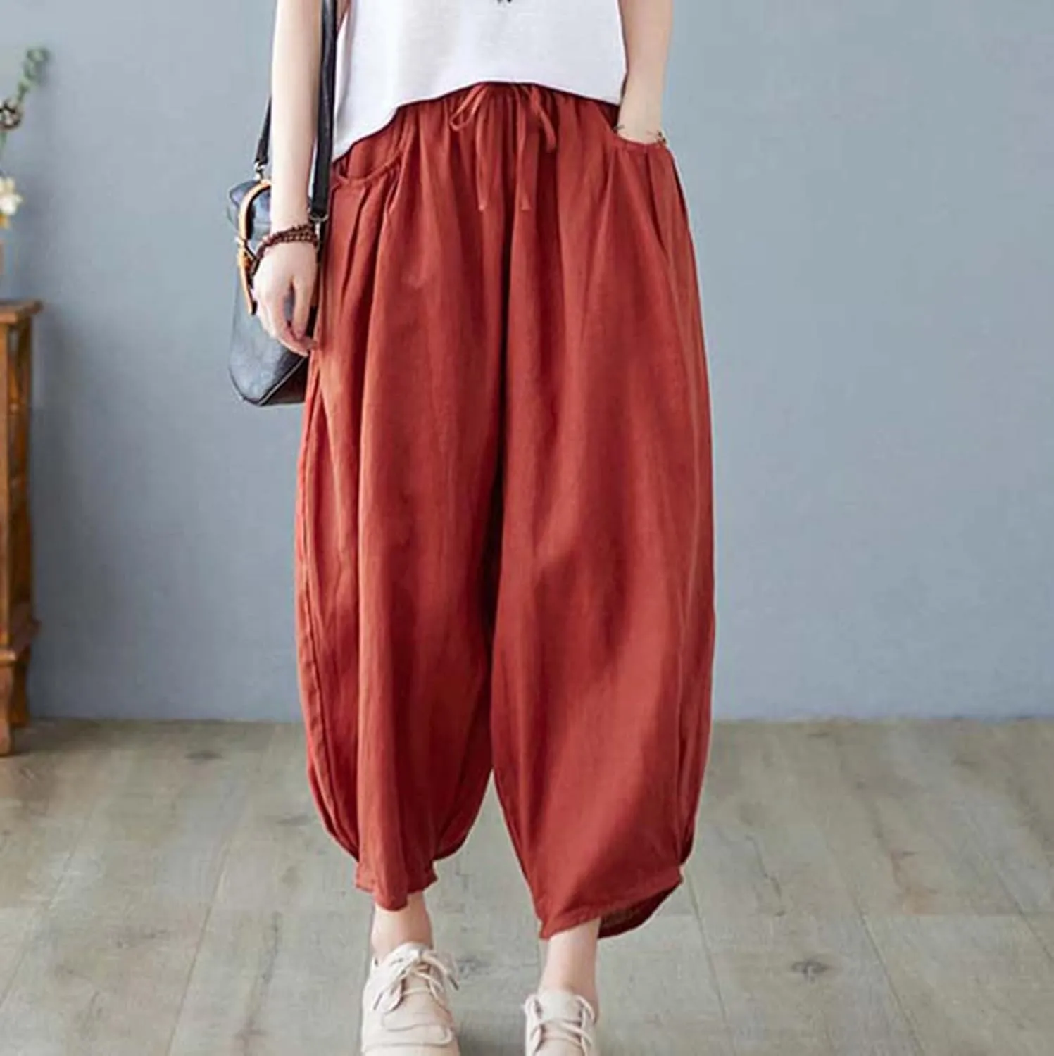 Ceboyel Womens Cotton Linen Harem Pants Drawstring Elastic Waist Summer Trouser Casual Baggy Pants Boho Beach Clothes 2023
