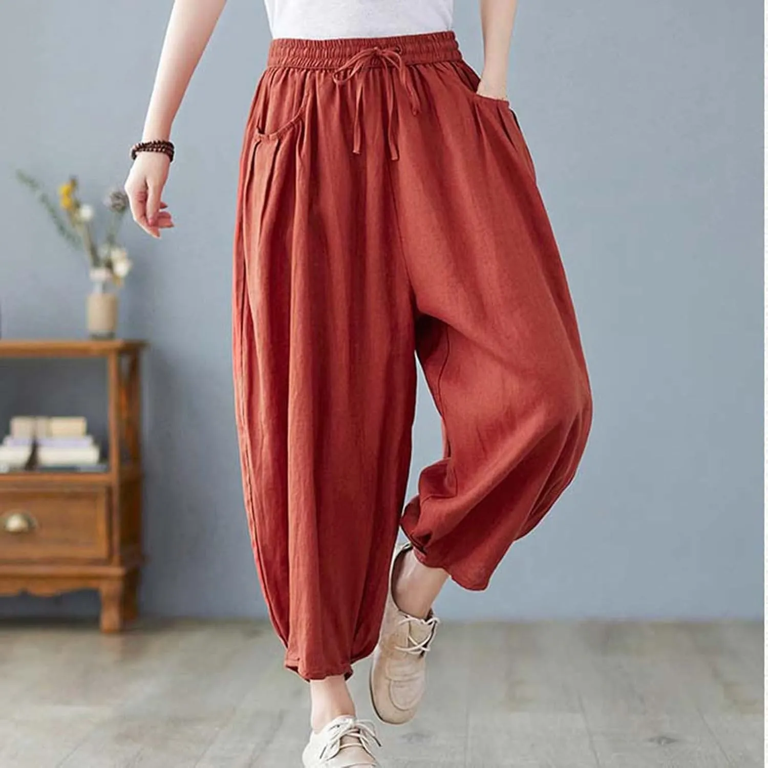 Ceboyel Womens Cotton Linen Harem Pants Drawstring Elastic Waist Summer Trouser Casual Baggy Pants Boho Beach Clothes 2023