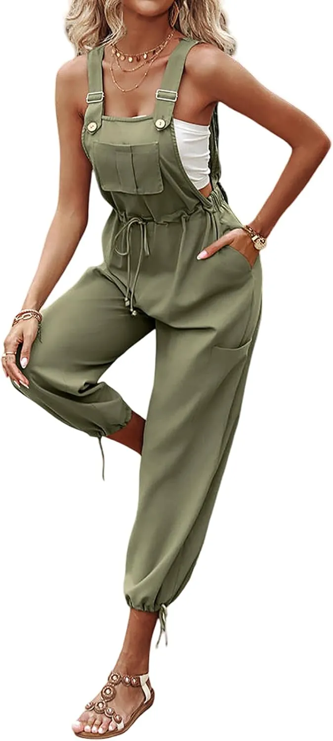 CHICME BEST SHOPPING DEALS Women's Causal Sleeveless Jumpsuit Ajustable Strap Drawstring Jumpsuit Bib Overalls with Pockets