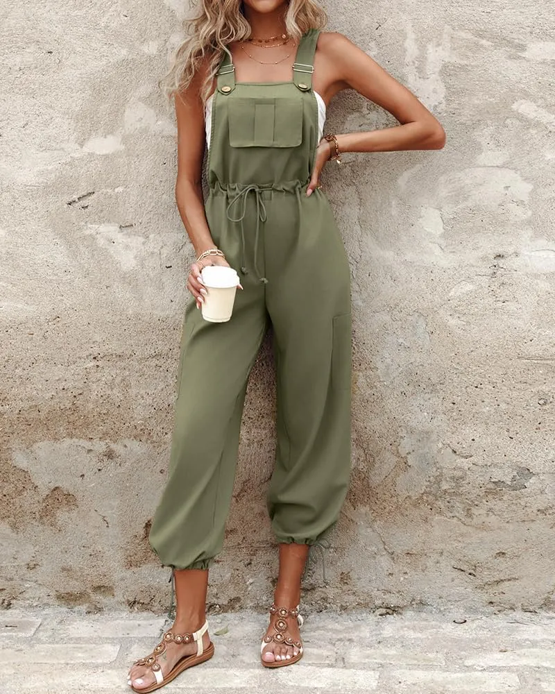 CHICME BEST SHOPPING DEALS Women's Causal Sleeveless Jumpsuit Ajustable Strap Drawstring Jumpsuit Bib Overalls with Pockets