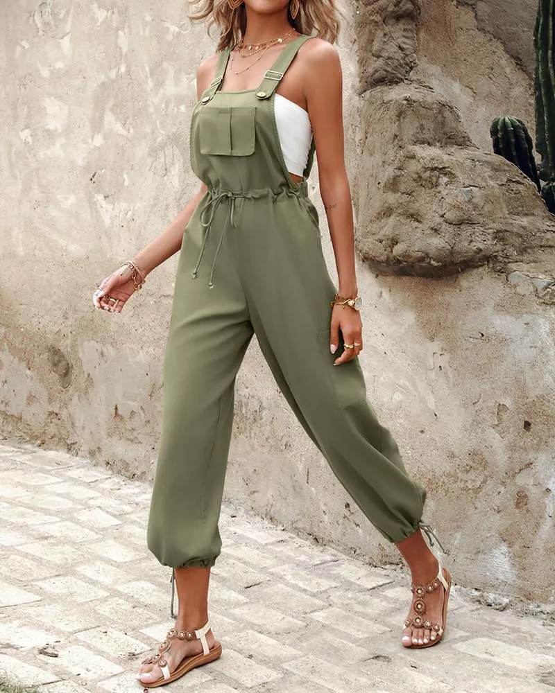 CHICME BEST SHOPPING DEALS Women's Causal Sleeveless Jumpsuit Ajustable Strap Drawstring Jumpsuit Bib Overalls with Pockets