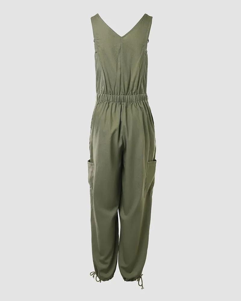 CHICME BEST SHOPPING DEALS Women's Causal Sleeveless Jumpsuit Ajustable Strap Drawstring Jumpsuit Bib Overalls with Pockets