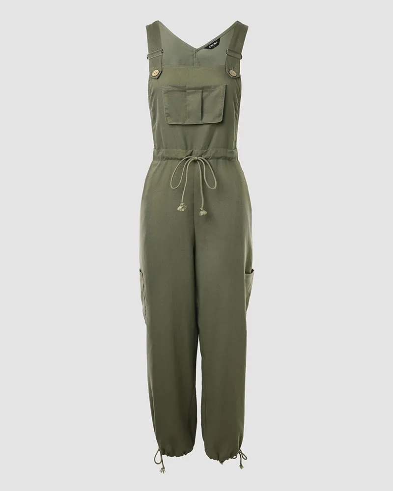 CHICME BEST SHOPPING DEALS Women's Causal Sleeveless Jumpsuit Ajustable Strap Drawstring Jumpsuit Bib Overalls with Pockets