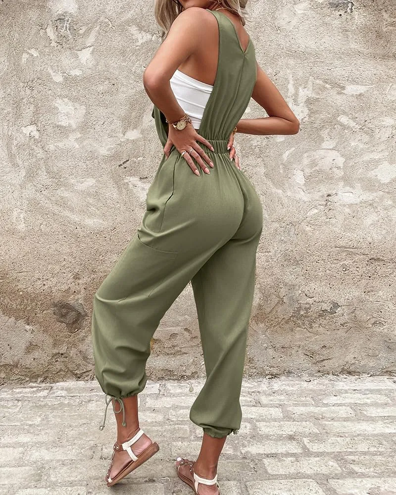 CHICME BEST SHOPPING DEALS Women's Causal Sleeveless Jumpsuit Ajustable Strap Drawstring Jumpsuit Bib Overalls with Pockets