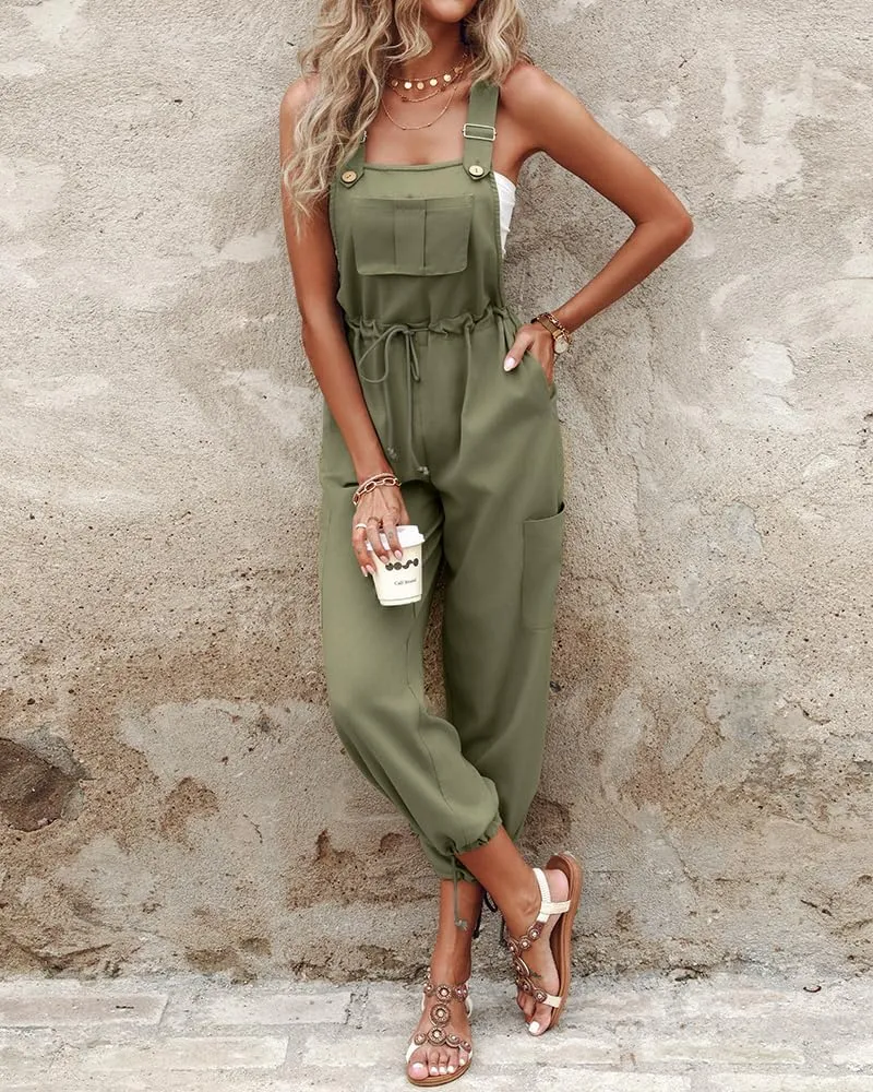CHICME BEST SHOPPING DEALS Women's Causal Sleeveless Jumpsuit Ajustable Strap Drawstring Jumpsuit Bib Overalls with Pockets