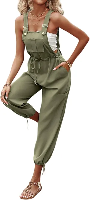 CHICME BEST SHOPPING DEALS Women's Causal Sleeveless Jumpsuit Ajustable Strap Drawstring Jumpsuit Bib Overalls with Pockets