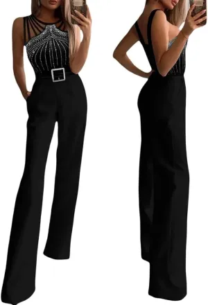 CHICME Women Multi Strap Sleeveless Jumpsuit Sparkle Rhinestone Rompers Dressy Jumpsuits for Women Evening Party