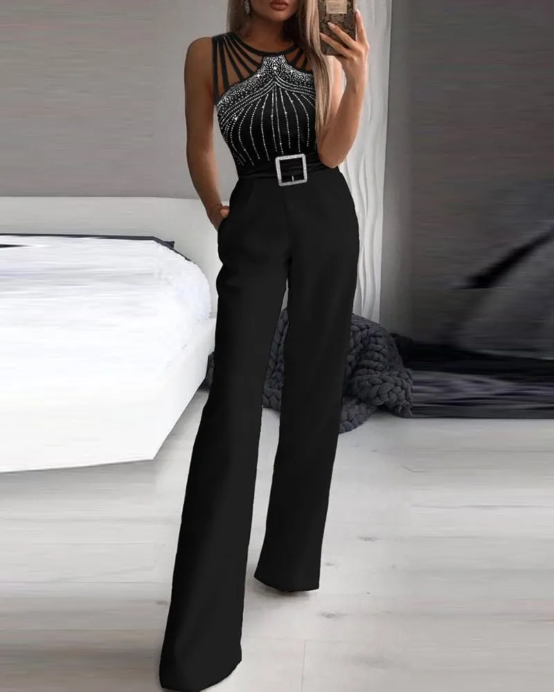 CHICME Women Multi Strap Sleeveless Jumpsuit Sparkle Rhinestone Rompers Dressy Jumpsuits for Women Evening Party
