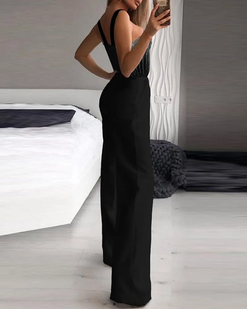 CHICME Women Multi Strap Sleeveless Jumpsuit Sparkle Rhinestone Rompers Dressy Jumpsuits for Women Evening Party