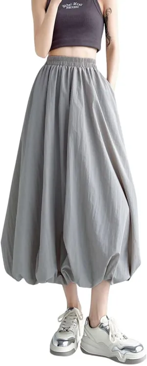 chouyatou Women's Casual Elastic Waist Y2k Bubble Skirt Puffy Pleated Balloon Midi Long Skirt with Pockets