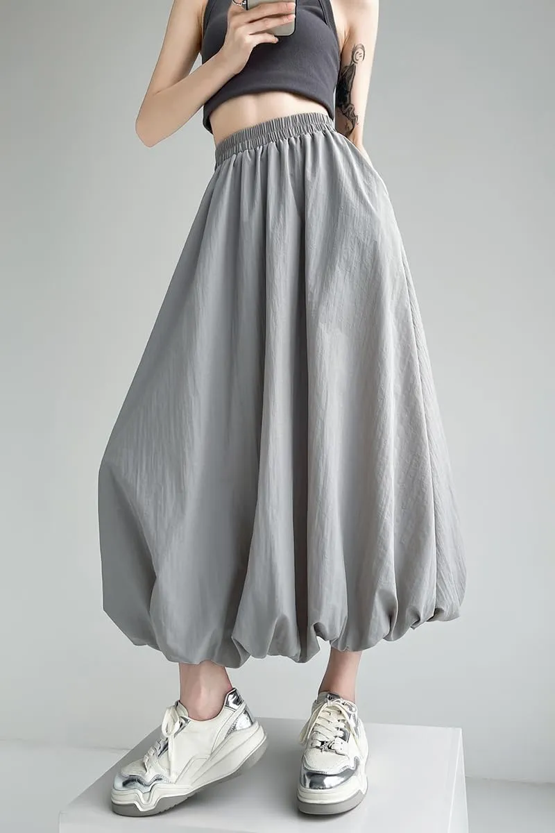 chouyatou Women's Casual Elastic Waist Y2k Bubble Skirt Puffy Pleated Balloon Midi Long Skirt with Pockets