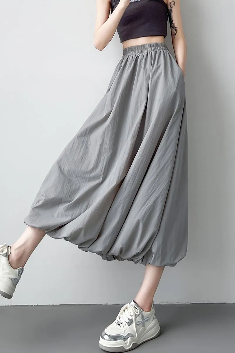 chouyatou Women's Casual Elastic Waist Y2k Bubble Skirt Puffy Pleated Balloon Midi Long Skirt with Pockets