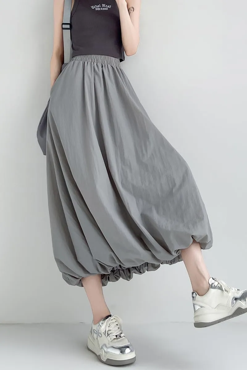 chouyatou Women's Casual Elastic Waist Y2k Bubble Skirt Puffy Pleated Balloon Midi Long Skirt with Pockets