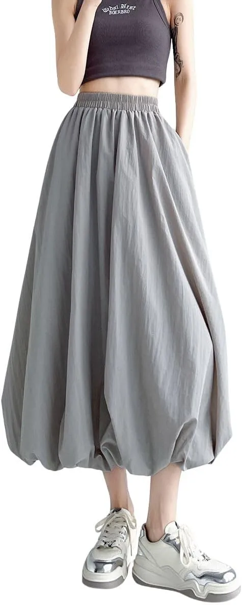 chouyatou Women's Casual Elastic Waist Y2k Bubble Skirt Puffy Pleated Balloon Midi Long Skirt with Pockets