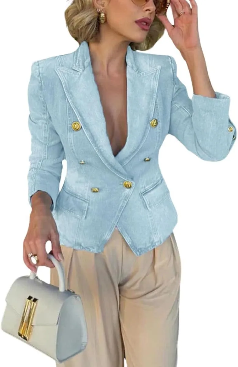 chouyatou Women's Fall Casual Notch Lapel Denim Blazer Suit Button Down Business Office Slim Fit Jean Jacket