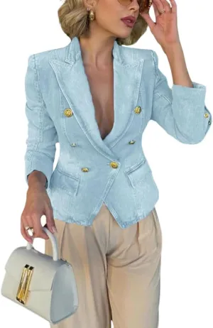chouyatou Women's Fall Casual Notch Lapel Denim Blazer Suit Button Down Business Office Slim Fit Jean Jacket