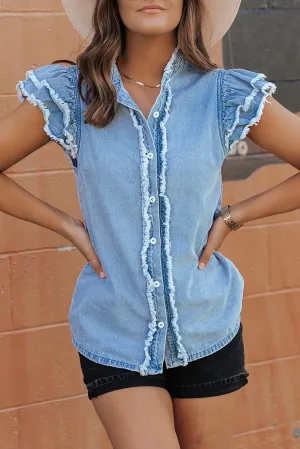 Chvity Summer Women's Button Down Denim Tops Ruffled Flutter Sleeve Blouse V Neck Casual Shirt Tops