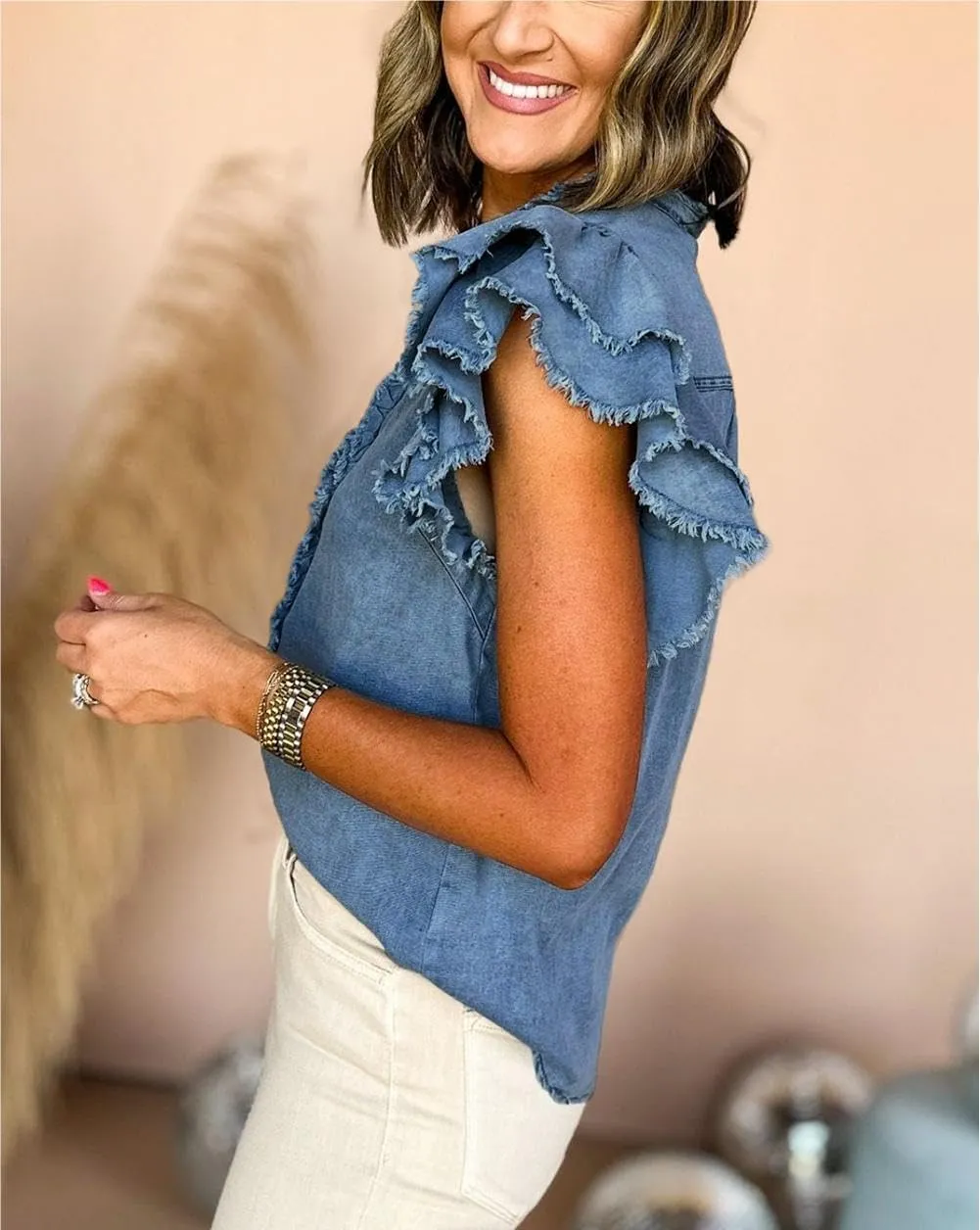 Chvity Summer Women's Button Down Denim Tops Ruffled Flutter Sleeve Blouse V Neck Casual Shirt Tops