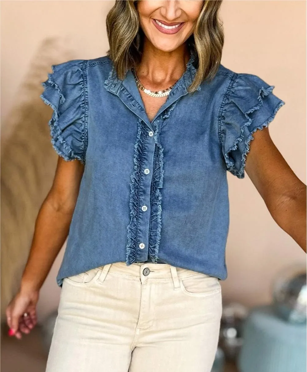 Chvity Summer Women's Button Down Denim Tops Ruffled Flutter Sleeve Blouse V Neck Casual Shirt Tops