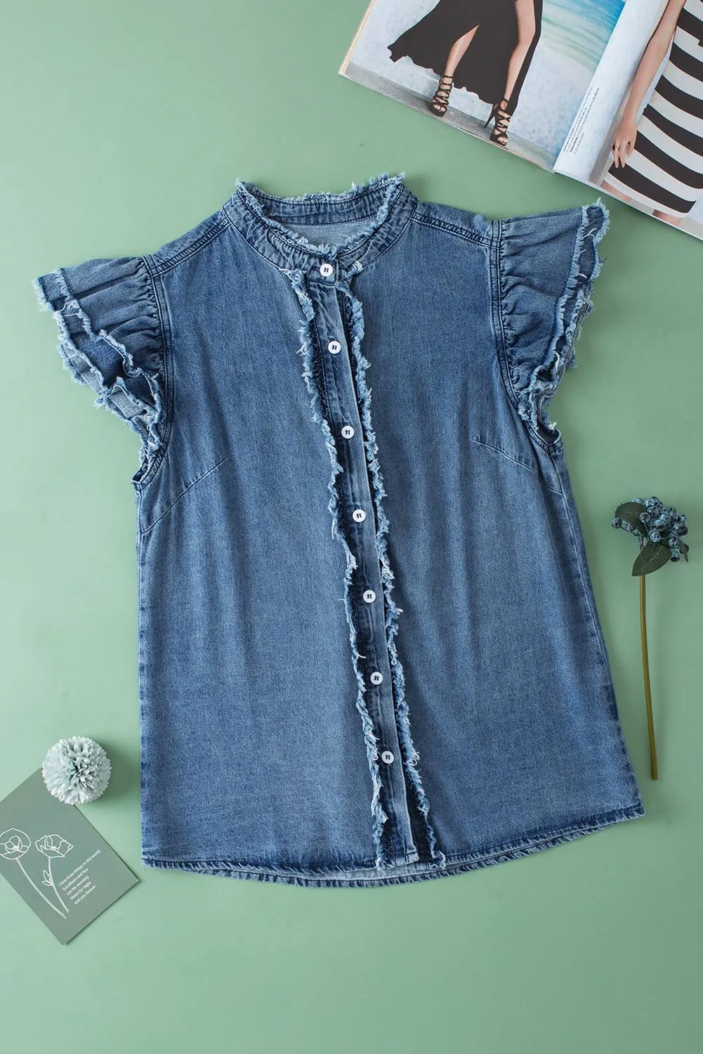 Chvity Summer Women's Button Down Denim Tops Ruffled Flutter Sleeve Blouse V Neck Casual Shirt Tops