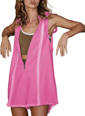 Chvity Womens Jumpsuits Sleeveless Half Zip Up Drawstring Hooded Exposed Seam Athletic One Piece Short Romper with Pockets
