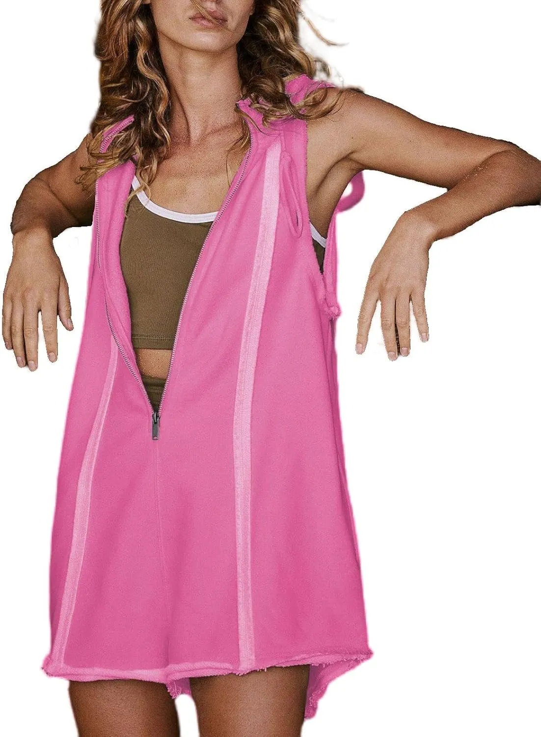 Chvity Womens Jumpsuits Sleeveless Half Zip Up Drawstring Hooded Exposed Seam Athletic One Piece Short Romper with Pockets
