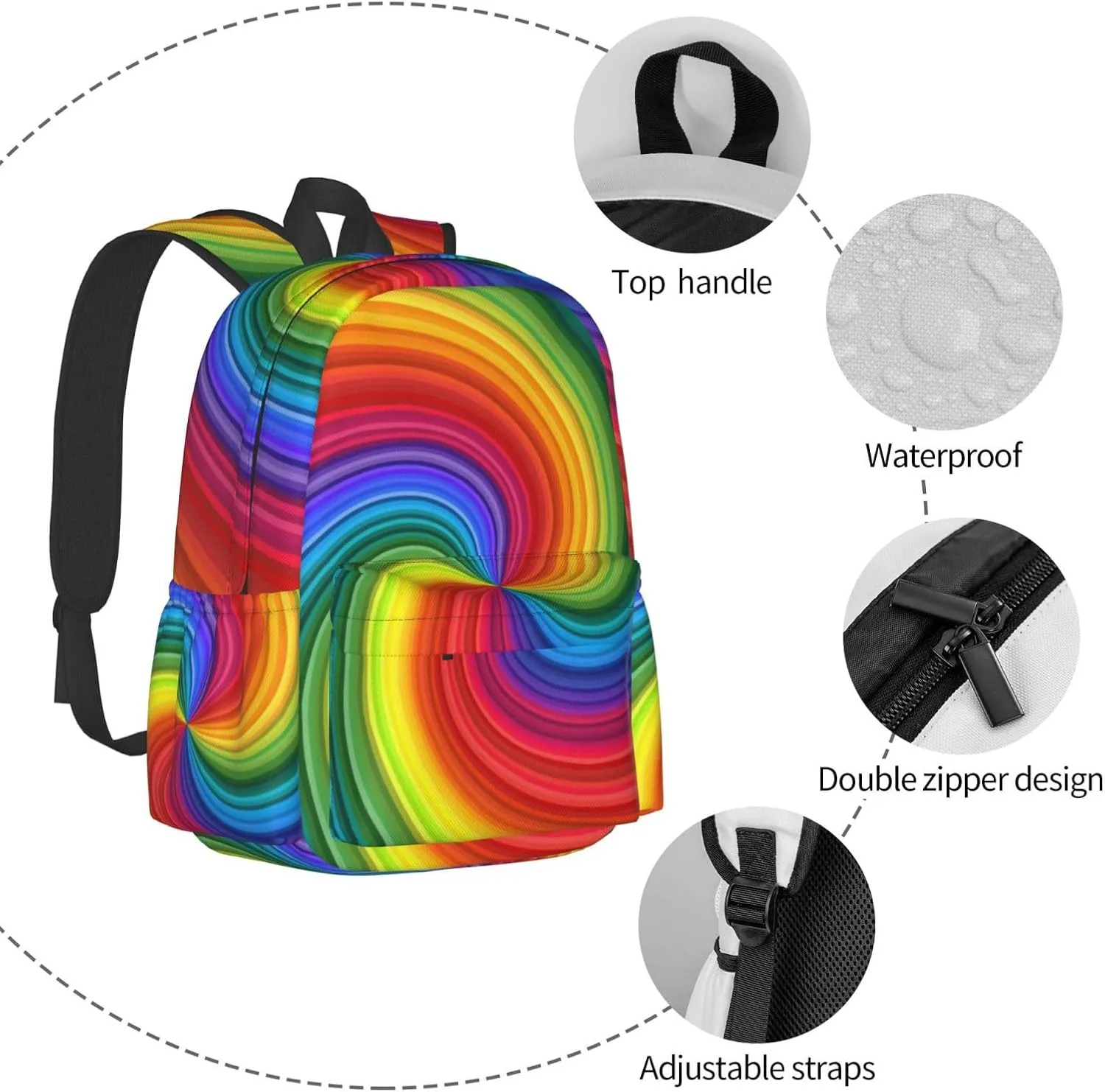 Colorful Rainbow Swirl Backpack Casual Laptop Backpack Large Capacity Double Shoulder Bag Travel Daypack For Women Men
