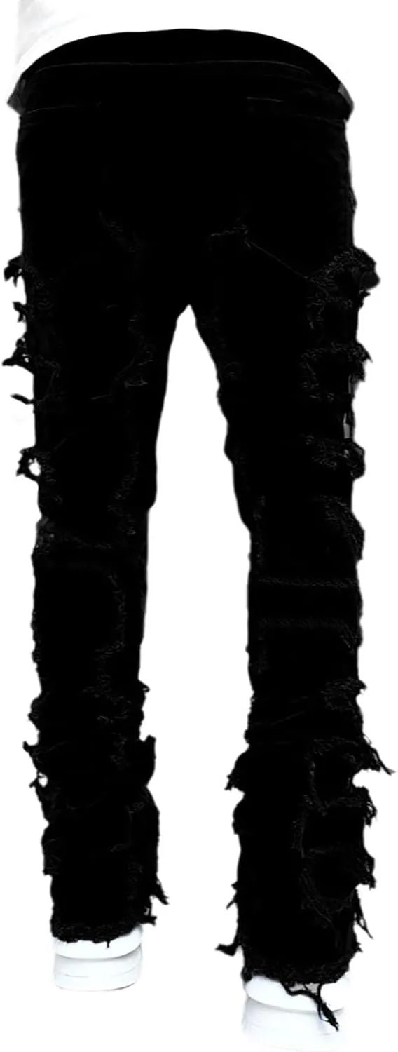 Conshvi Men's Slim Fit Stretch Jeans Distressed Patchwork Stacked Frayed Straight Leg Skinny Denim Pants