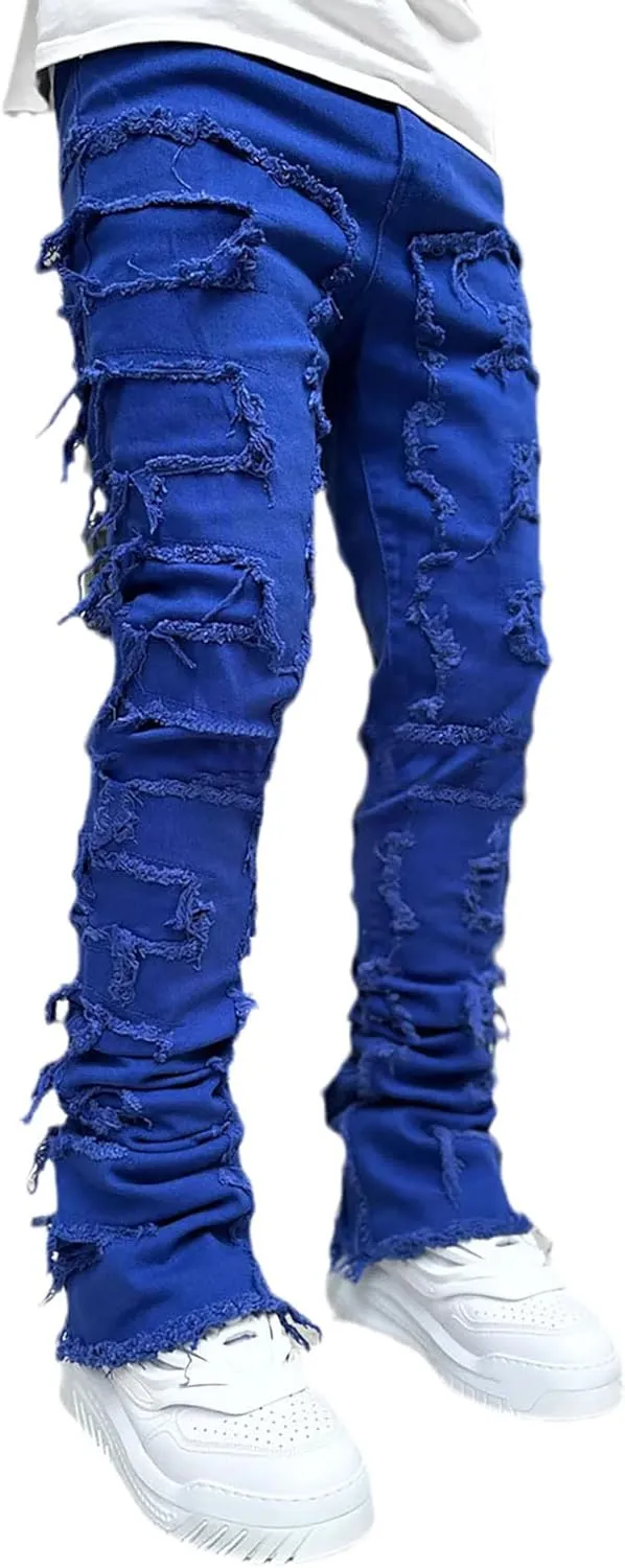 Conshvi Men's Slim Fit Stretch Jeans Distressed Patchwork Stacked Frayed Straight Leg Skinny Denim Pants