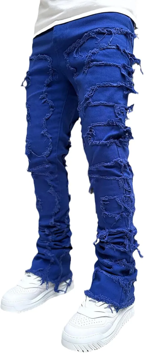Conshvi Men's Slim Fit Stretch Jeans Distressed Patchwork Stacked Frayed Straight Leg Skinny Denim Pants