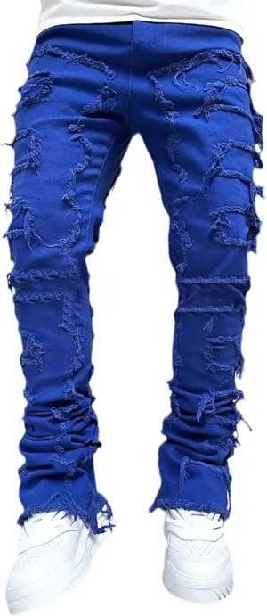Conshvi Men's Slim Fit Stretch Jeans Distressed Patchwork Stacked Frayed Straight Leg Skinny Denim Pants