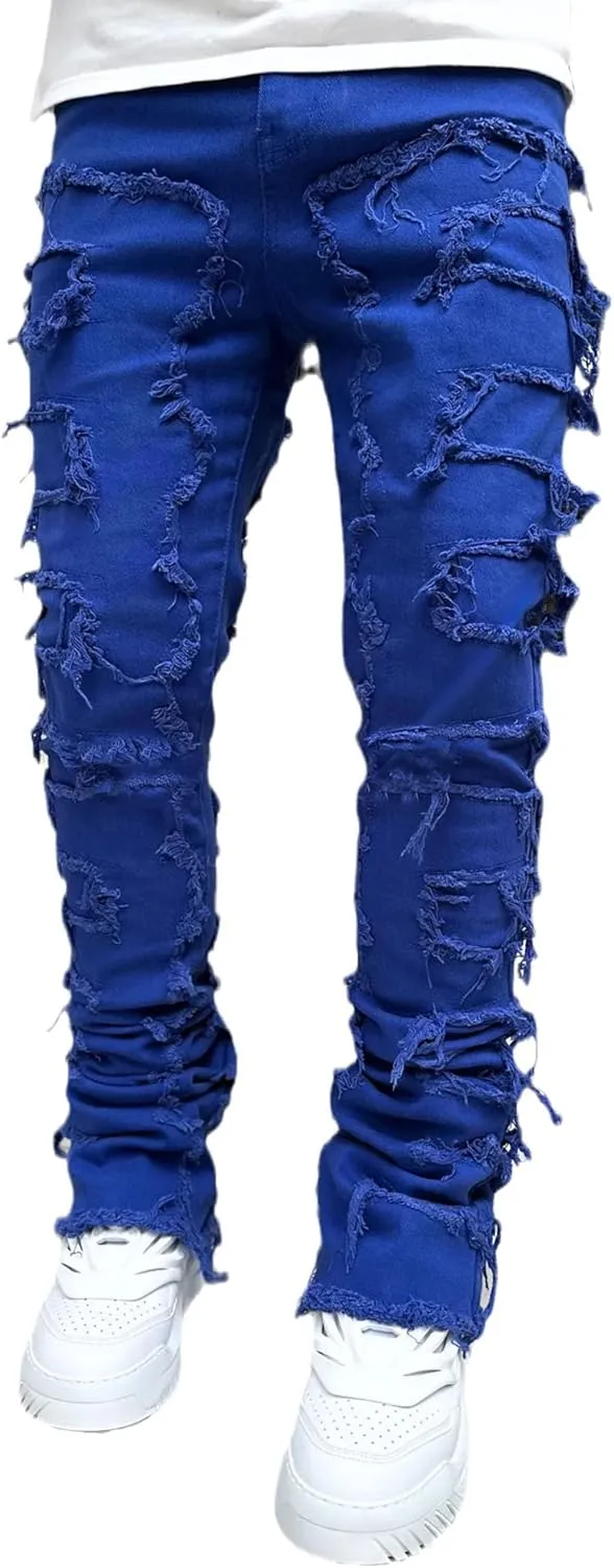 Conshvi Men's Slim Fit Stretch Jeans Distressed Patchwork Stacked Frayed Straight Leg Skinny Denim Pants