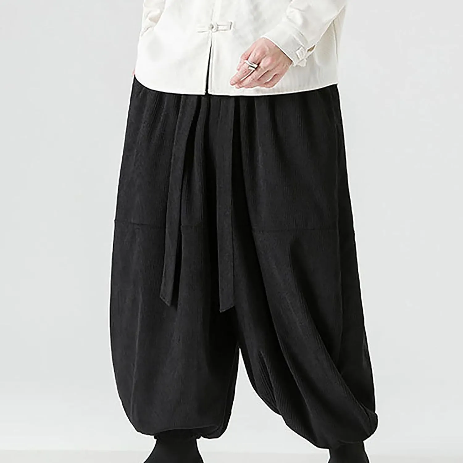 Corduroy Pants Men Baggy Drop Crotch Hippie Harem Pants Casual Loose Boho Joggers Tie Front Japanese Pants Trousers