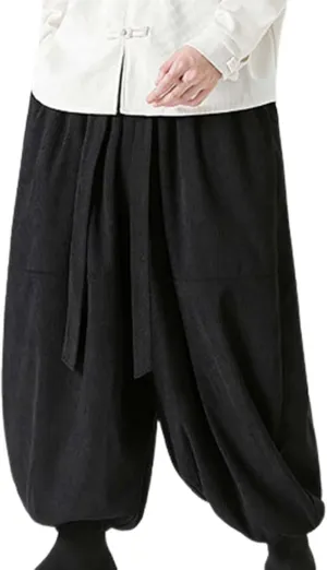 Corduroy Pants Men Baggy Drop Crotch Hippie Harem Pants Casual Loose Boho Joggers Tie Front Japanese Pants Trousers