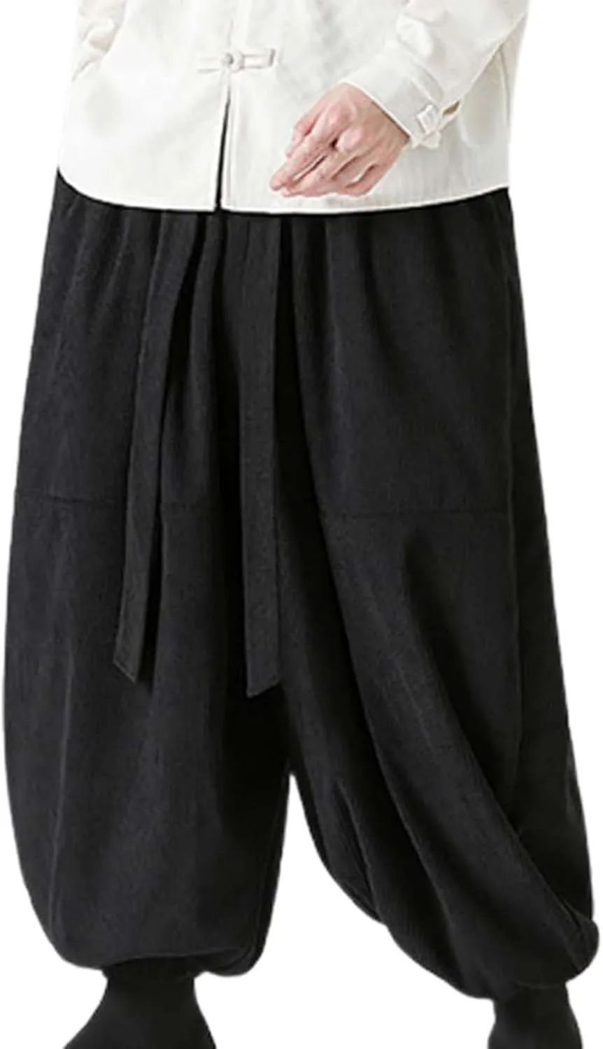 Corduroy Pants Men Baggy Drop Crotch Hippie Harem Pants Casual Loose Boho Joggers Tie Front Japanese Pants Trousers