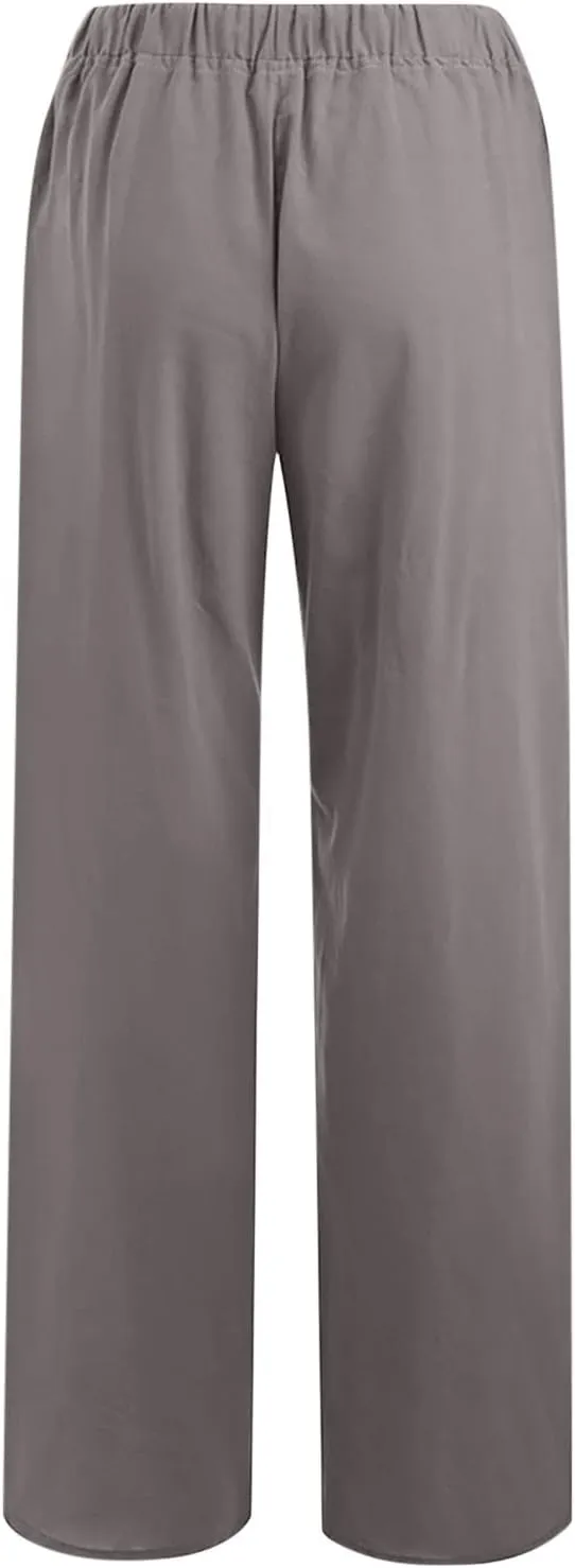 Cotton Linen Pants for Women 2024 Summer Comfy Loose Drawstring High Waist Pants Lightweight Vacation Beach Trousers